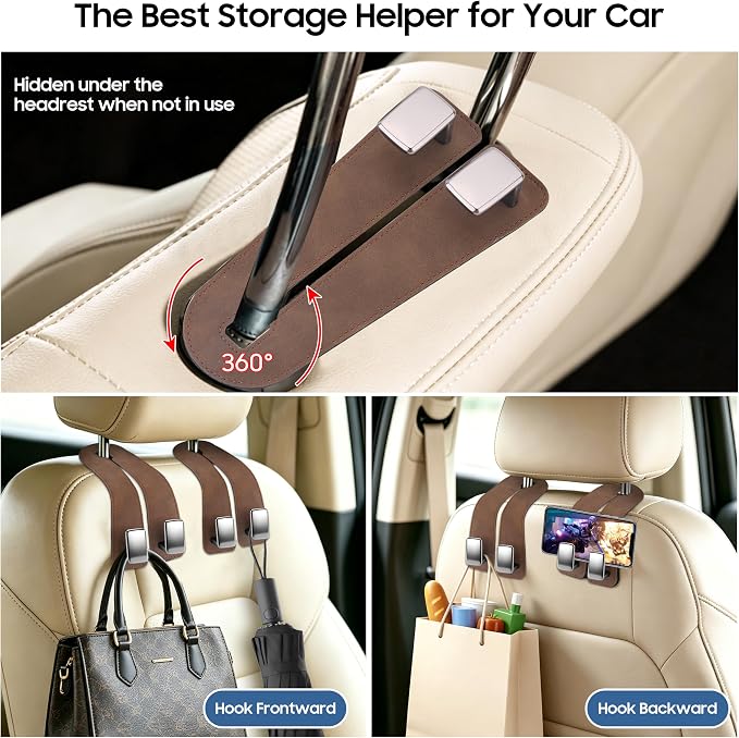 Amooca Car Headrest Hooks 4-Pack Suede Seat Organizer with Metal Core | Universal Fit, Double-hook Design, Backseat Storage for Backpack Umbrella Water Bottle Coat Purses Handbags Groceries, Brown - Image 5