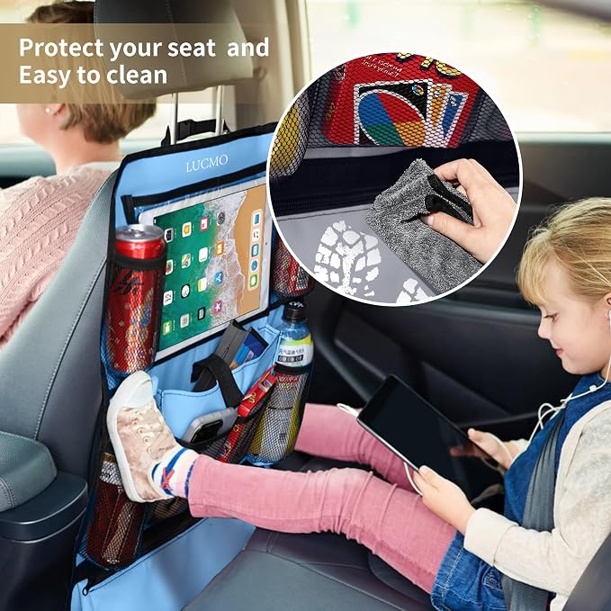 LUCMO Car Backseat Organizer with Touch Screen Tablet Holder, Light Blue | 2 Pcs,9 Storage Pockets,Clear Tablet Holder,Protectors Kick Mats,Travel Accessories,Seat Cover,Road Trip Essentials - Image 3