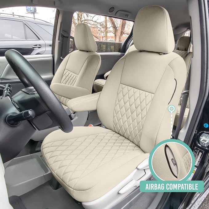 FH Group Custom Fit Car Seat Covers Specifically Made for 2011-2020 Toyota Sienna 7-8 Seater with Ultraflex Neoprene Water Resistant Automotive Seat Covers - Front Set Solid Beige - Image 2