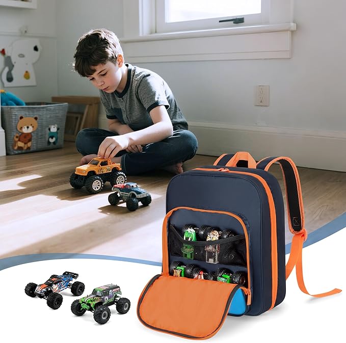 CURMIO Toy Cars Backpack Compatible with Monster Jam Trucks Up to 37pcs | Truck Carrying Case for 1:64 Scale Toy Cars, with 8 Transparent Pockets and Front Pocket, Home Use & Travel, Empty Bag - Image 7