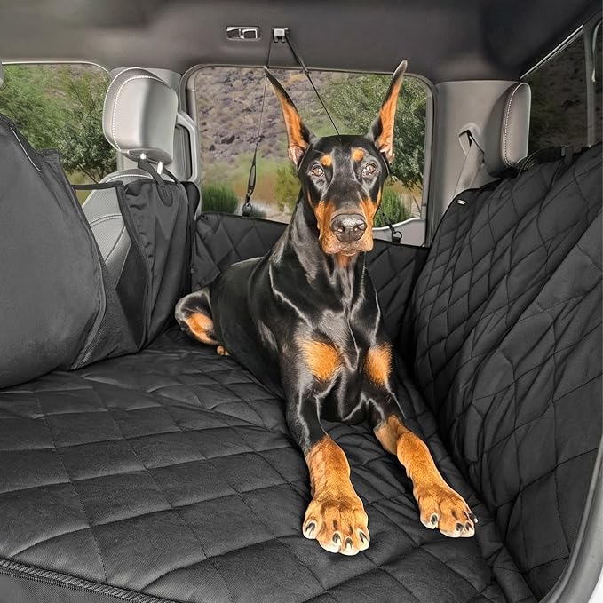 4Knines Back Seat Extender for Dogs Hard Bottom w/EZ Door Guard Black XL | K9-Shield Waterproof Layer, Easy Open Door Guards, Seat Belt Access, and Non-Slip Layer, Heavy Duty Materials by 4Knines