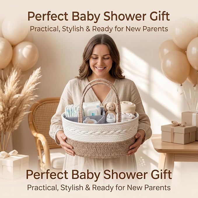 Baby Diaper Caddy Organizer with Removable Compartments, 14.2"L x 7"W x 8.7"H, 100% Handmade Woven Cotton Rope, Portable Nursery Storage Basket for Car and Changing Table, Shower Newborn Gift - Image 5