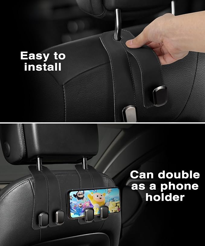 Car Hooks for Headrest, 4PCS Car Purse Hooks Luxurious Leather 100% Metal Car Hangers for Seat Multifunctional Car Bag Hook Car Seat Back Storage Hook Accessories (Black) - Image 5