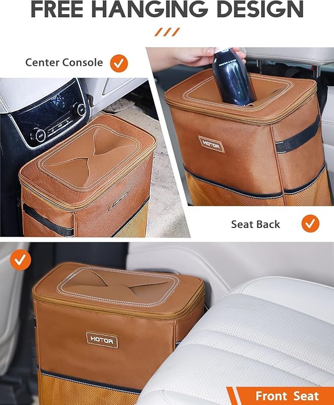 HOTOR Car Trash Can, Compact Waterproof Organizer, Leak-Proof Bin, 3-Gallon | Brown, Multifunctional Car Accessory with Adjustable Straps & Magnetic Snaps for Interior Car Storage - Image 8