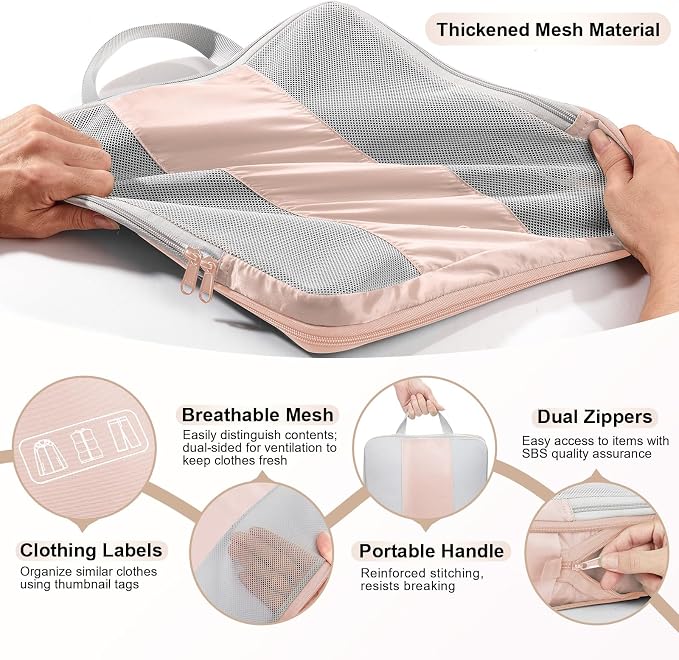 OlarHike 8 Set Compression Packing Cubes for Travel Gifts Mom Women,Airplane/Cruise/Car Travel Essentials,Compressible Expandable Space Saver Bags,Garment Bags with Over 1000 pcs Mesh Holes(Beige) - Image 6