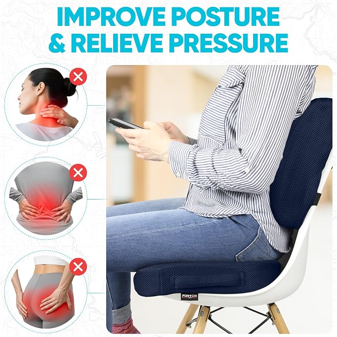 FORTEM Seat Cushion & Lumbar Support for Office Chair, Wheelchair, Car | Memory Foam | Ergonomic Design | Washable Cover | Non Slip | Blue - Image 5