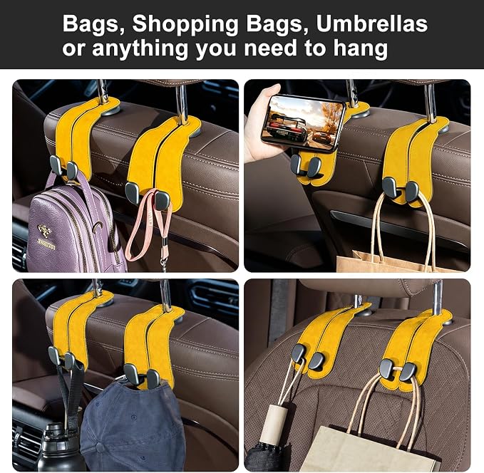 CoBak Purse Hook for Car - Universal Premium Stitched Leather and Aluminum-Magnesium Alloy Double Car Seat Back Storage Hook for Purses, Handbags, Bags (2 Pack),Bright Yellow - Image 4