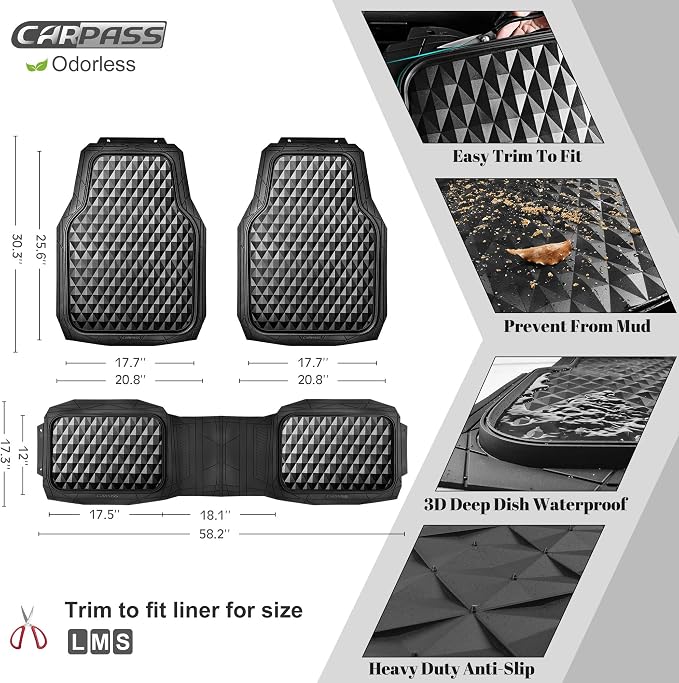 CAR PASS Heavy Duty Rubber Car Mats, Deep Dish All-Weather Floor Mat for Car Full Set Durable Anti-Slip 3D Rhombus Waterproof Trim to Fit Liner Universal Fit Automotive,Sedan,SUV,Truck, 3 Piece Black - Image 4