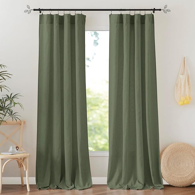 RYB HOME Linen Sheer Curtains 2 Panels for Living Room, Semi Transparent Privacy Drapes with Rod Pocket Farmhouse Style Window Treatments for Bedroom, Olive Green, 52" W x 84" L by RYBHOME