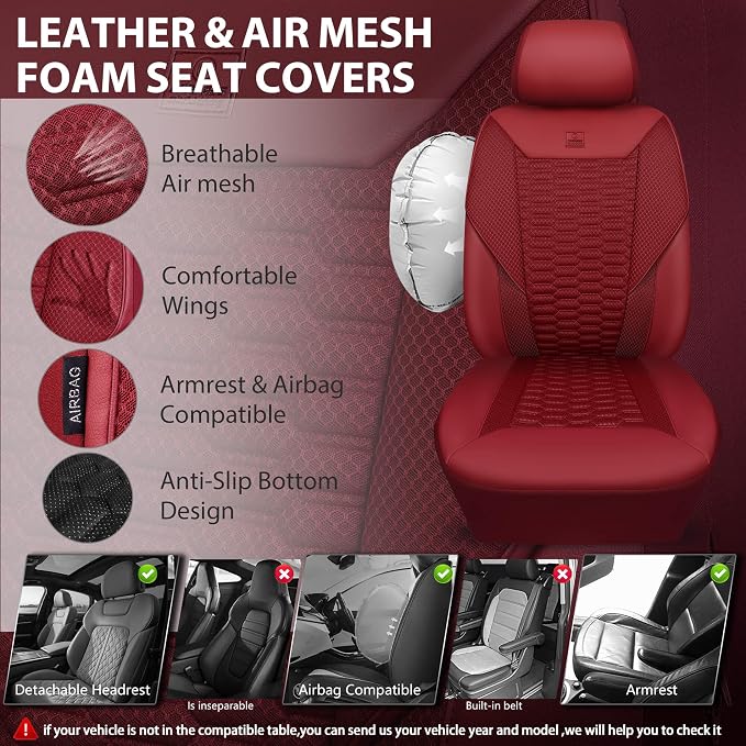 CAR PASS 3D Foam Mesh Leather Seat Covers Full Set, Wine Red Breathable Mesh Faux Leather Seat Covers for Car, Universal Fit for SUVs Vans Sedan Trucks Automotive,Armrest Airbag Compatible, Burgundy - Image 3