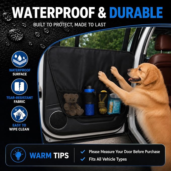 Dog Car Door Protector 2Pack Waterproof Anti Scratch SUV Truck Paw Guard | 600D Oxford,10 Heavy Duty Velcro & Reinforced PP Anchors,Window Safe Install,Storage Pocket,Mud Drool Claw Proof Washable - Image 8