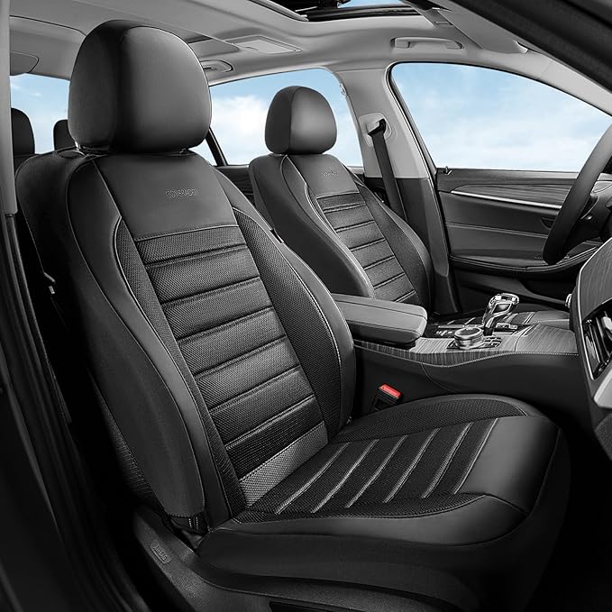 Coverado Car Seat Covers Front Seats Luxury Leather Automotive Mesh 2 Pack Airbag-Compatible Universal Fit Seat Protector Seat Cushion for SUV Sedan Truck Black by COVERADOAUTO