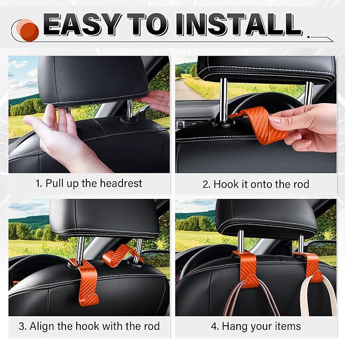SINGARO Universal 4 Pack Car Seat Headrest Purse Hook, Carbon Fiber Back Seat Hook Storage Organizer Hanger for Purse Handbag Coat, Car Interior Accessories(Orange) - Image 5