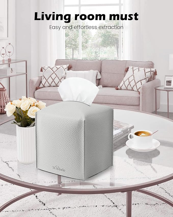 Tissue Box Cover for PU Leather, Modern Simple Solid Color Holder Square Tissue Bag, Ideal for Bathrooms,Office,Car,Outdoor Tent,Dining Table,5"X5"X5", Single Light Grey - Image 3