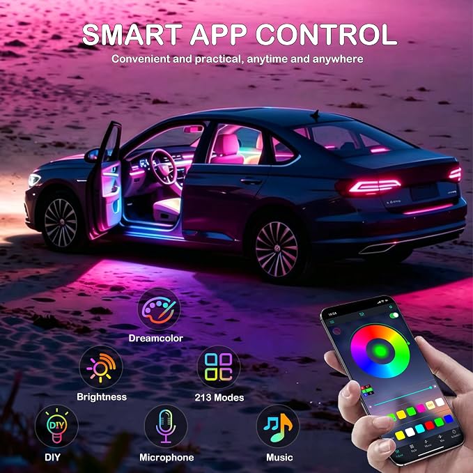 Interior Car LED Strip Lights with Wireless APP, Ambient Lighting Kits with Dynamic Dreamcolor Chasing, 16 Million Colors Acrylic LED Lights for Car, Sound Active Function Car Neon Lights (6 in 1) - Image 4