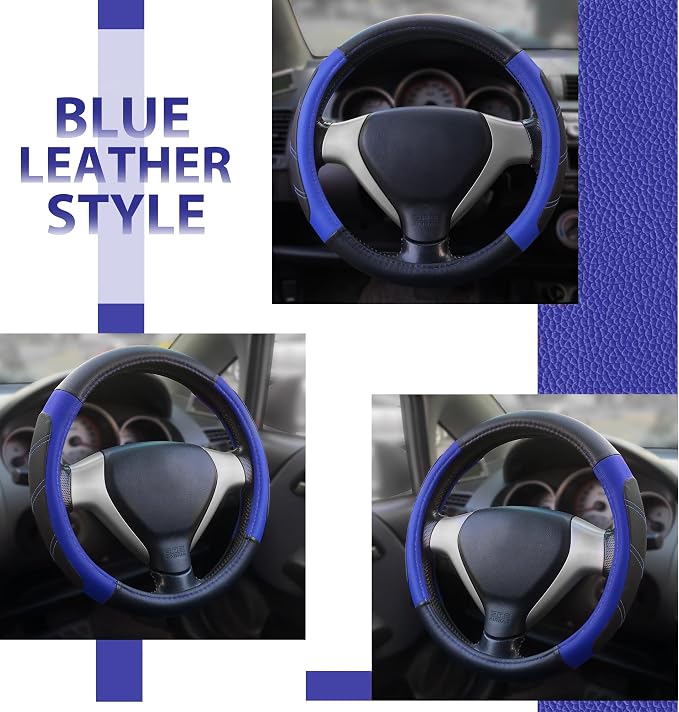 Elantrip Steering Wheel Cover Leather 14 1/2 to 15 inch Universal Padded Soft Grip Breathable for Car Truck SUV Jeep Anti Slip Blue and Black - Image 4
