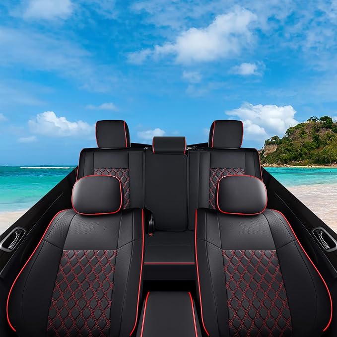 Huidasource Upgrade Jeep Grand Cherokee Seat Covers, Full Coverage Waterproof Leather Car Seat Covers, Custom Seat Cushion Protector Fit for Jeep Grand Cherokee 2011-2021 (Full Set/Black&Red) - Image 7