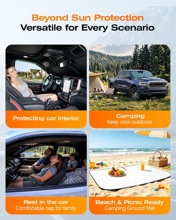 Cooling Windshield Sun Shade for Dodge RAM 1500 2011-2026, 240T Beige | Heat-Insulating Fabric, 99% UV Protection and Heat Insulation, Foldable, Storage Bag Included, for Cars SUVs and Trucks - Image 8