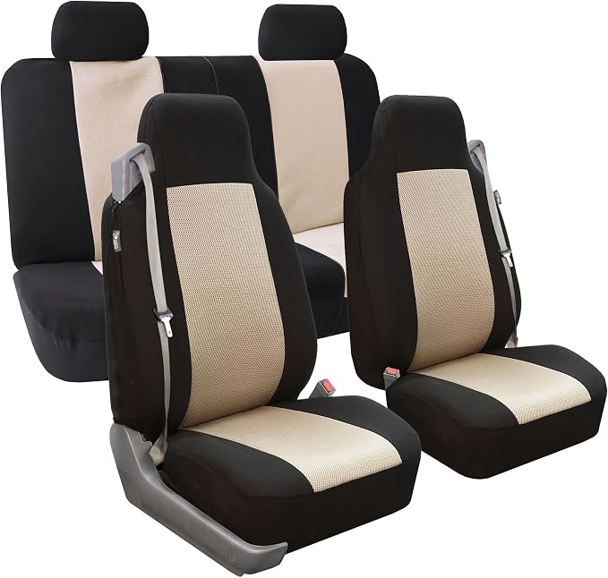 FH Group FH-FB302114 All Purpose Flat Cloth Car Seat Covers Beige/Black Color with F11306 Vinyl Floor Mats, Beige/Black Color - Fit Most Car, Truck, SUV, or Van - Image 3