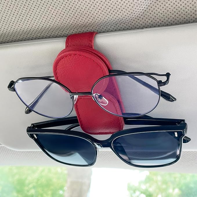 KIWEN Sunglasses Holder for Car Visor, Magnetic Leather Sunglass Eyeglass Hanger Clip for Car Sun Visor Accessories (1, Red) by KIWENDirect