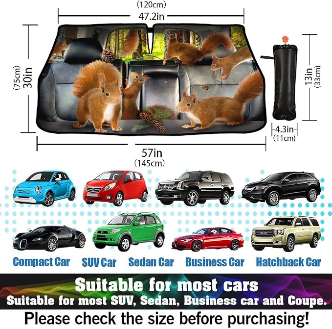 Squirrel Car Windshield Sunshade Umbrella Cute Sun Shade Umbrella for Car Foldable Windshield Umbrella Block UV Rays Heat Keep Vehicle Cool for Cars SUV 57"x30" - Image 3
