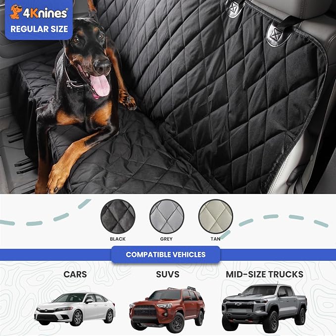 4Knines Heavy-Duty Rear Seat Cover for Dogs - Fitted, Grey Reg | K9-Shield waterproof layer, non-slip backing, quick-release clips for easy install and cleanup. Machine washable. - Image 4