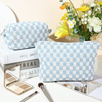 SOIDRAM 2 Pieces Makeup Bag Large Checkered Cosmetic Bag Capacity Canvas Mix Travel Toiletry Bag Organizer Cute Makeup Brushes Aesthetic Accessories Storage Bag for Women, Checkered Mix Blue - Image 2
