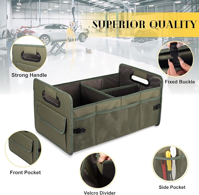 JiatuA Car Trunk Organizer, Collapsible Car Organizers and Storage Green | Sturdy, Large Capacity, Clean Decor, Multi Compartment Container Box, Adjustable Car Accessories for SUV Sedan Truck - Image 3