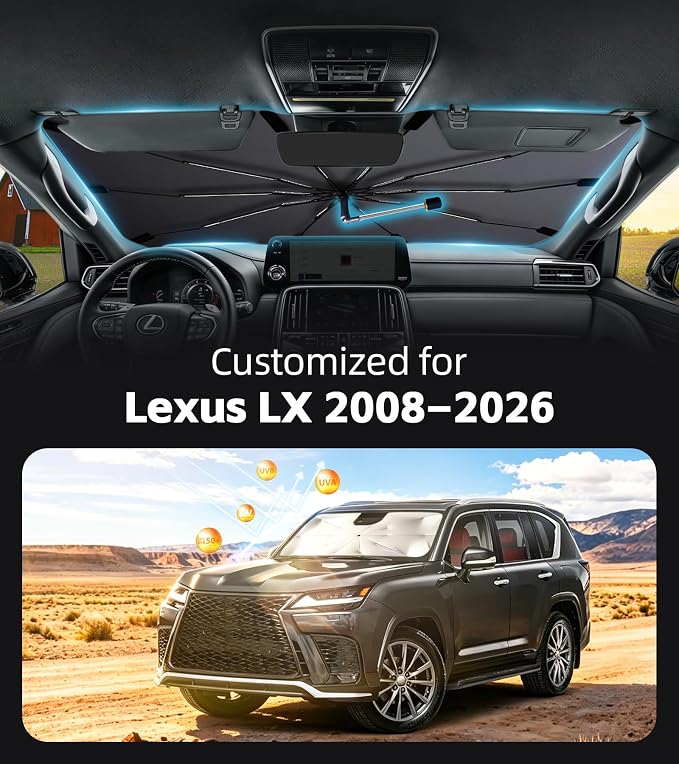 Windshield Sun Shade for Lexus LX 2008-2026 with 360° Rotating Shaft | Custom Fit Umbrella Sunshade for UV Blocking, Interior Heat Protection, Easy Storage, UPF 50+ Cool Windshield Cover - Image 2