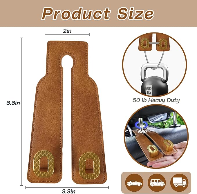 Car Headrest Hooks Universal Car Purse Hook Premium Leather and Alloy Twin Hook Car Seat Back Storage Hanger Hook for Purse Bags Cloth Drink Durable Holder Car Accessories (BH09-Brown-Gold-4 Pcs) - Image 6