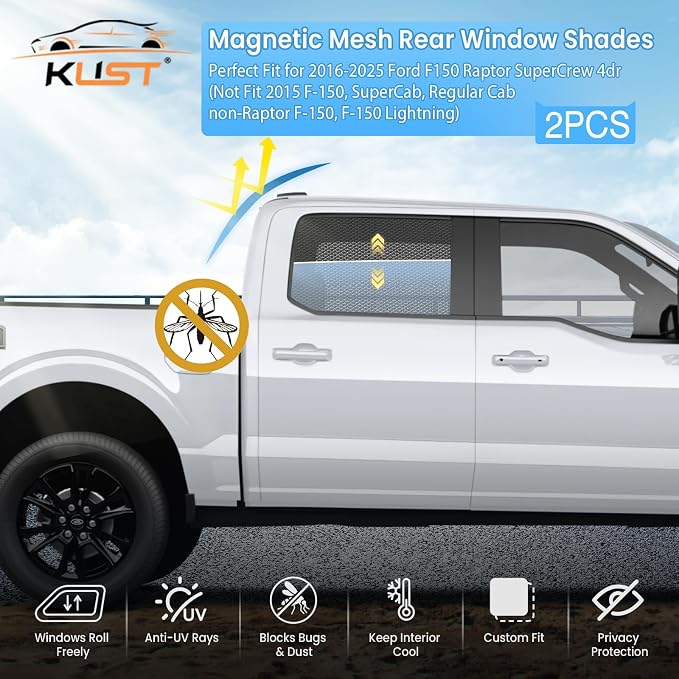 KUST Car Window Shades for 2016-2025 Ford F150 F-150 Raptor SuperCrew 4dr Accessories, Breathable Mesh Magnetic Window Covers, Rear Side Sun Shades UV Block Privacy Protection for Baby Camping 2PCS - Image 2