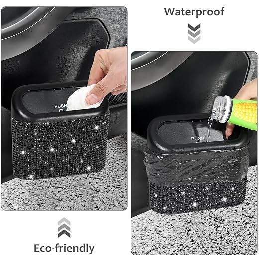 Accmor Bling Car Trash Can with Lid, Mini Auto Garbage Storage Bin with 60pcs Garbage Bags, Sparkling Crystal Trash Bags Holder Dustbin Vehicle Accessories Container Organizer (Black Rhinestone) - Image 5