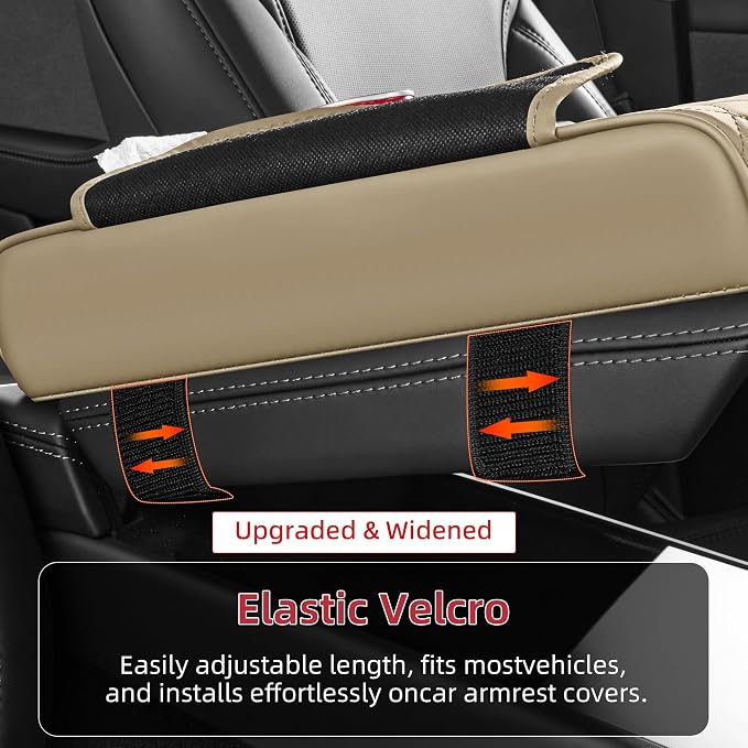 5 in 1 Nappa Leather Console Armrest Cover, Beige | Built-in cup holder, tissue slot, phone holder & 2 storage pockets, practical car accessories fit SUV sedan truck - Image 6