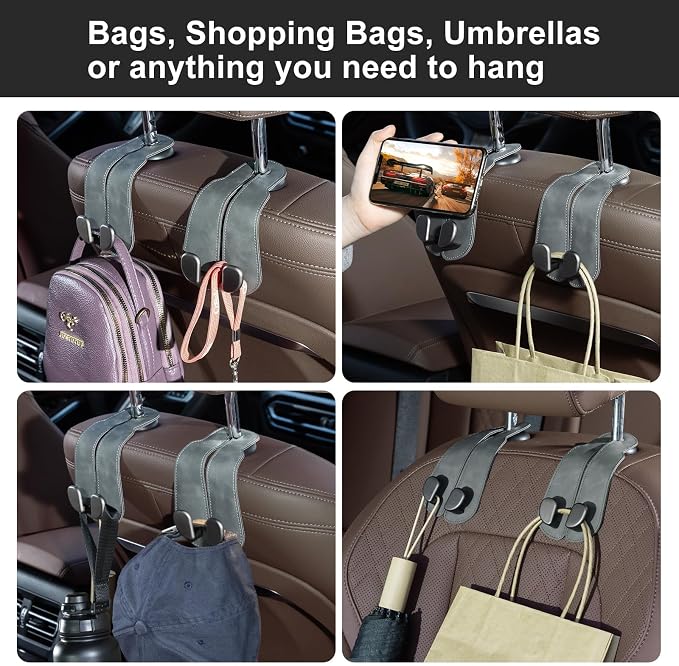 CoBak Purse Hook for Car - Universal Premium Stitched Leather and Aluminum-Magnesium Alloy Double Car Seat Back Storage Hook for Purses, Handbags, Bags (4 Pack),Gray - Image 4