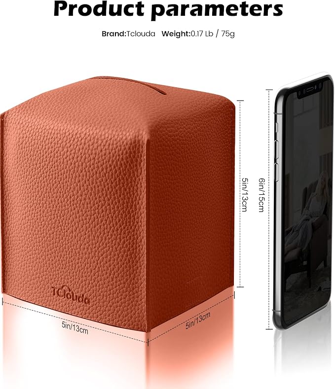 Tissue Box Cover for PU Leather, Modern Simple Solid Color Holder Square Tissue Bag, Ideal for Bathrooms,Office,Car,Outdoor Tent,Dining Table,5"X5"X5", Single Dry Rose - Image 2