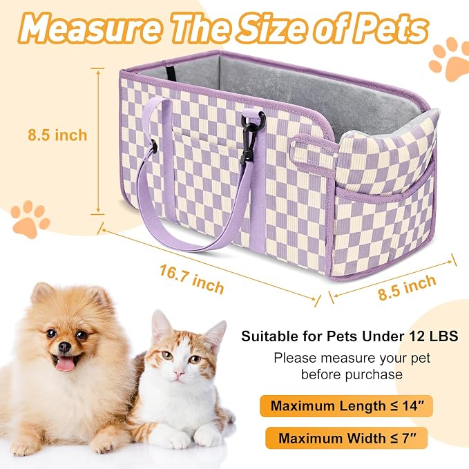 Console Dog Car Seat for Small Dogs, Foldable Booster Seat,Purple Checkered | Portable Booster Seat Sits On Car Console/ Armrest. Foldable for Easy Storage. for Center Console, Easy To Clean. - Image 2