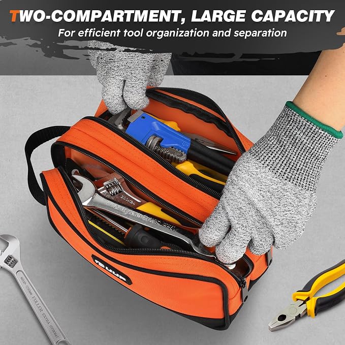 Tool Bag 2-Pack 12" 10", Divider Zipper Pouch, Small Tool Box Organizer | Waterproof, Heavy-duty Oxford, Smooth Zipper, Handle & D-Ring, Storage Case for Car Work Tool. Electrician Gift, Orange/Green - Image 3