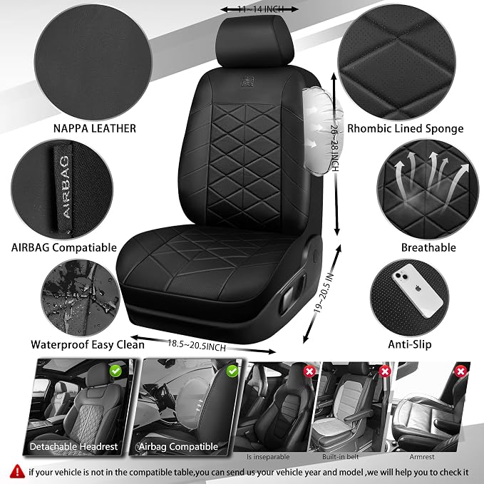 CAR PASS Memory Foam Leather Front Seat Covers, Perforated Nappa Leather Car Seat Covers Front Seats, Universal Fit for Cars, SUV, Trucks, Luxury Comfort Breathable, Thick 3D Foam Leather All Black - Image 3
