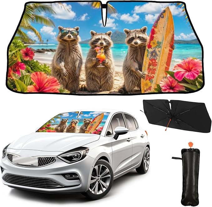 CHILL·TEK Funny Raccoon Car Windshield Sun Shade Umbrella Hawaiian Raccoon Car Sun Shade Umbrella Block UV Rays Heat Foldable Windshield Umbrella Sun Visor Protector - Keep Vehicle Cool for Cars SUV by CHILL%C2%B7TEK