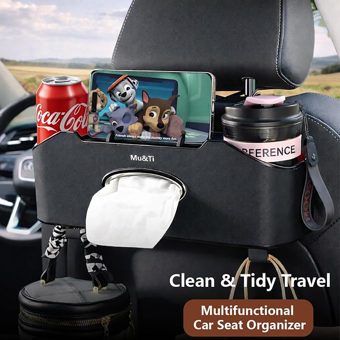 Back Seat Car Organizer with Cup Holders Tissue Box, Phone Stand and Hooks | Includes 1 Pack Of Tissues And 1 Pack Car Trash Bags, Headrest Cup Holder, Multifunctional Storage For Car Travel Accessories - Image 2