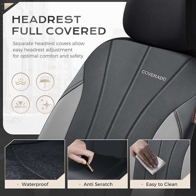 Coverado Seat Covers, Car Seat Covers Full Set, Automotive Seat Covers 5 Seats, Waterproof Car Seat Protectors Universal Fit for SUVs Trucks Sedans-Grey&Black - Image 7