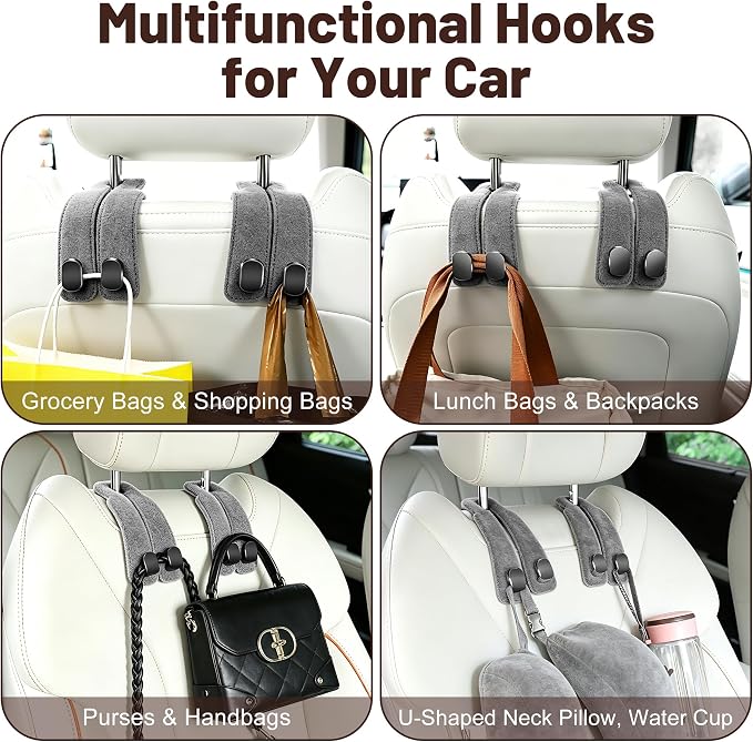 SUKIPIN Car Hooks, Car Seat Headrest Hooks for Purses and Bags 2-Pack Gray | Car Accessories for Women, Solid Durable Construction, Quick Tool-free Mounting, Universal Fit for Most Vehicle Headrests - Image 6