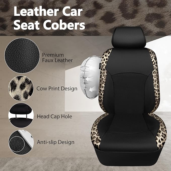 CAR PASS Leopard Print Faux Leather Car Seat Covers & Leopard Car Mats&Leopard Steering Wheel Cover Seat Belt Universal Car Accessories for SUV,Van,Saden,Truck Automobile Interior Sets(Gold Black) - Image 5