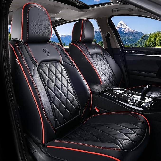Coverado Car Seat Covers Full Set, Luxury Faux Leather Waterproof Seat Covers, Black Car Seat Covers, Universal Car Seat Protector Leather Car Seat Cushion, Carseat Cover Fit Most Cars, Black&Red - Image 2