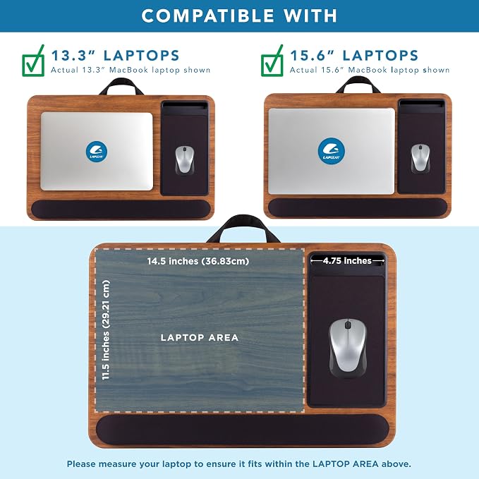 LAPGEAR Home Office Pro Lap Desk – Espresso Woodgrain, Fits 15.6” Laptops | Built-In Mouse Pad & Phone Slot, Wide Cushioned Wrist Rest, Dual-Bolster Microbead Cushion, Carry Handle - Image 3