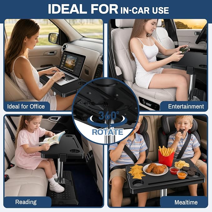 Car Seat Tray Table, Multi-Function Adjustable Tray for Work & Eat | Pneumatic lift, 360° rotatable top, tool-free car tray. High-density composite holds 10kg, anti-slip base - Image 4