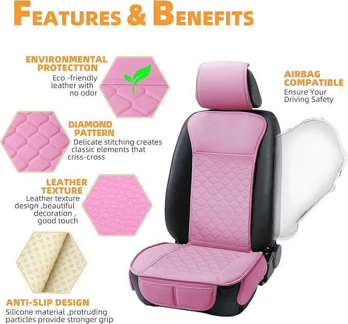 Elantrip Pink Leather Car Seat Covers Front 2PC Waterproof for Women | Cute pink diamond-quilted faux leather — waterproof, easy-clean, designed for her - Image 3