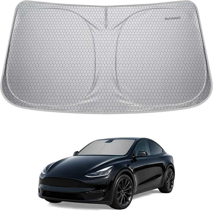 Windshield Sun Shade for Tesla Model 3/Y 2014-2026, Foldable, Car Accessory | Graphene Activated Carbon, Odor-Absorbing, UV and Heat Blocking, Storage Bag Included, Helps Keep the Parked Interior Cooler by AUTOWOEL
