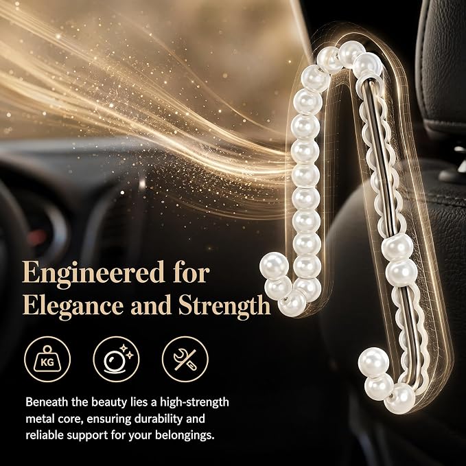 2PCS Elegant Pearl Car Seat Headrest Hook, Cute Seat Pearl Hanger Storage Organizer, Multifunctional Headrest Purse Hook Interior Decoration for Women Girls - Image 3