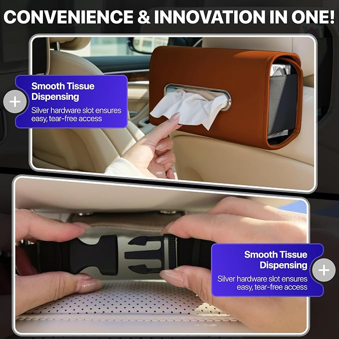 Lucrum Extra Large Car Tissue Holder - PU Leather Tissue Box Cover | Fits Regular Size Napkins Box - PU Leather Car Tissue Holder for Seat Back, Sun Visor & Console - Chestnut Brown - Image 5